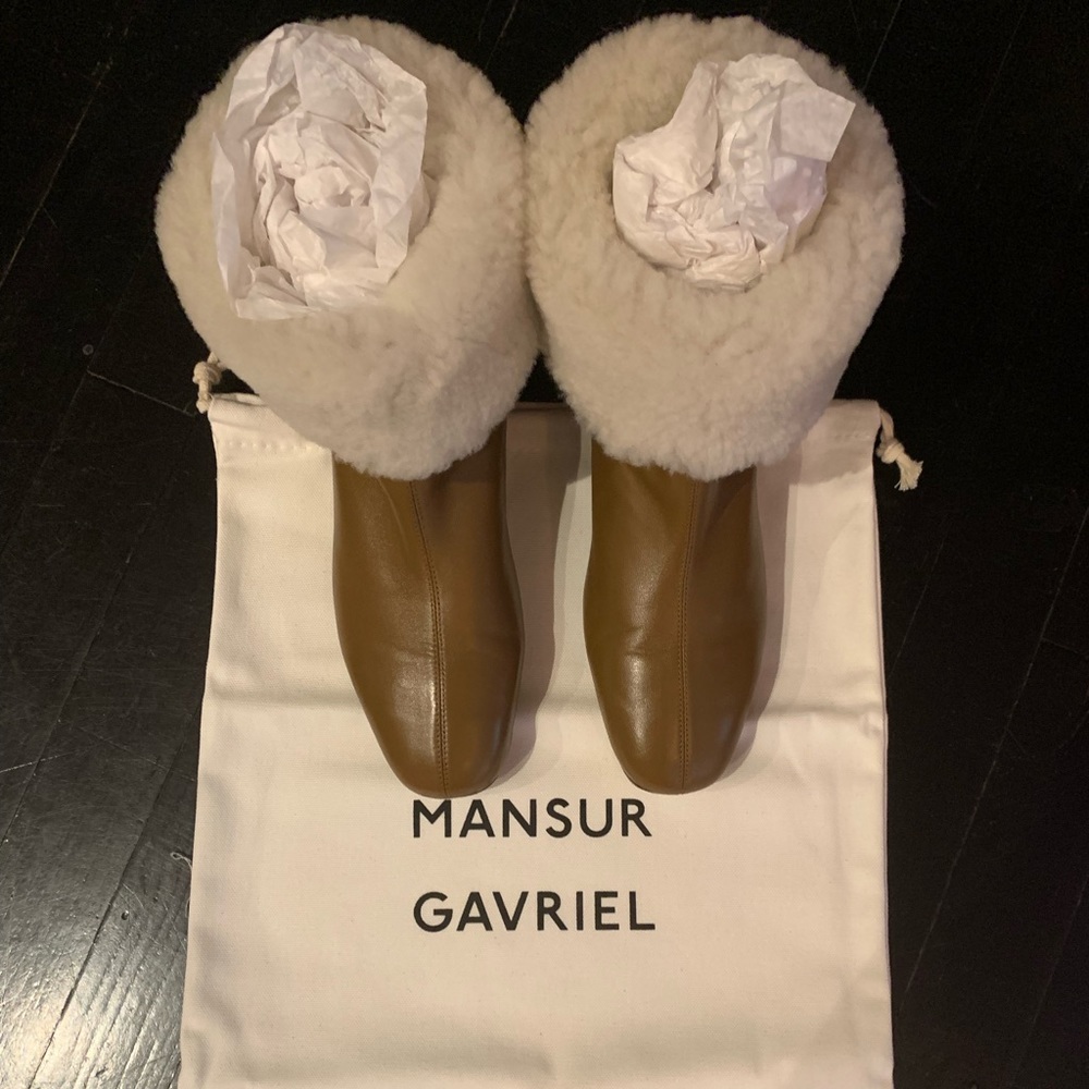 Mansur Gavriel Cosy Boots in camel color with shearling cuff.